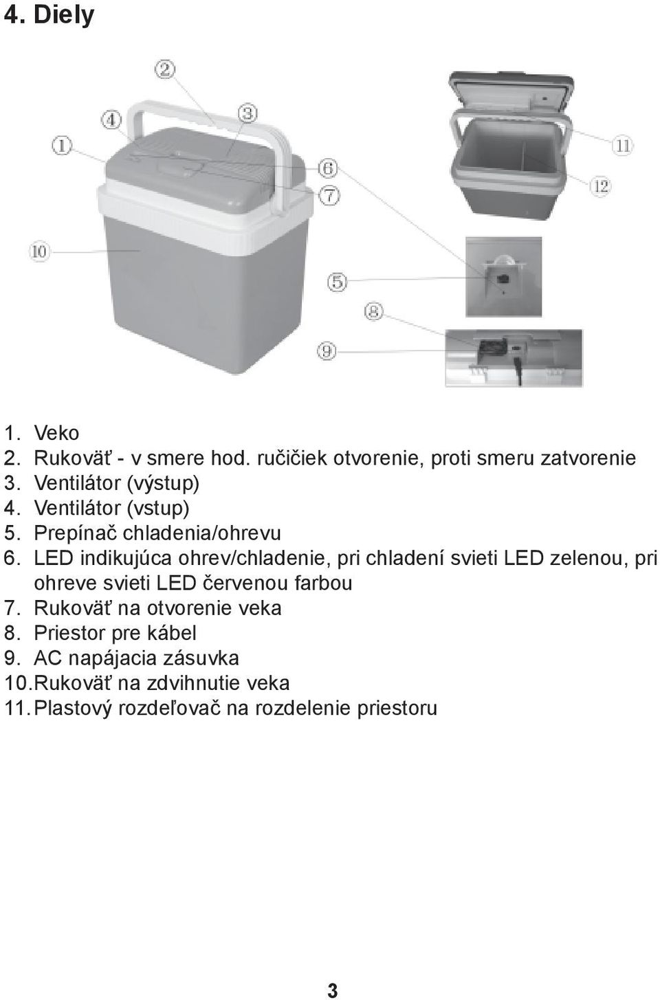 LED indikujúca ohrev/chladenie, pri chladení svieti LED zelenou, pri ohreve svieti LED červenou farbou 7.