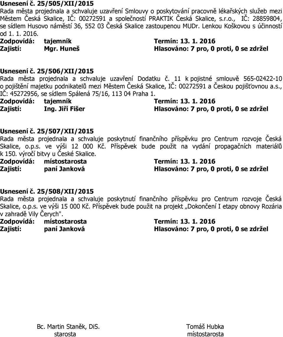 25/506/XII/2015 Rada města projednala a schvaluje uzavření Dodatku č. 11 k pojistné smlouvě 565-02422-10 o pojištění majetku podnikatelů mezi Městem Česká Skalice, IČ: 00272591 a Českou pojišťovnou a.