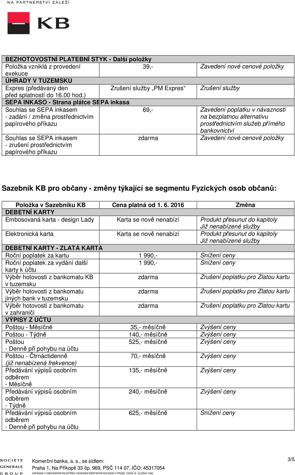 zrušení protřednictvím papírového příkazu bankovnictví Sazebník KB pro občany - změny týkající e egmentu Fyzických oob občanů: DEBETNÍ KARTY Emboovaná karta - deign Lady Karta e nově nenabízí Produkt