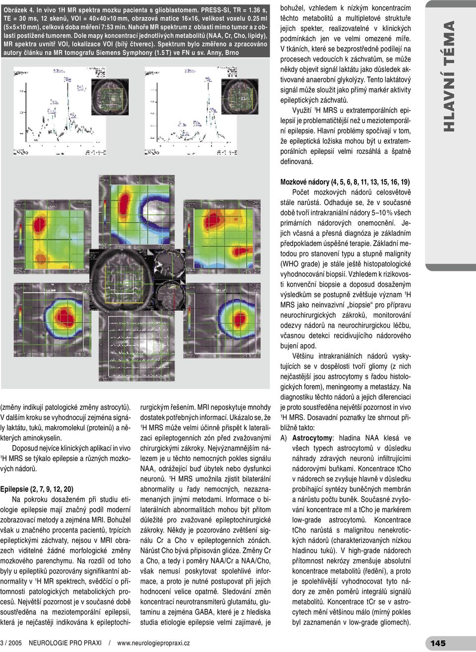 Dole mapy koncentrací jednotlivých metabolitů (NAA, Cr, Cho, lipidy), MR spektra uvnitř VOI, lokalizace VOI (bílý čtverec).