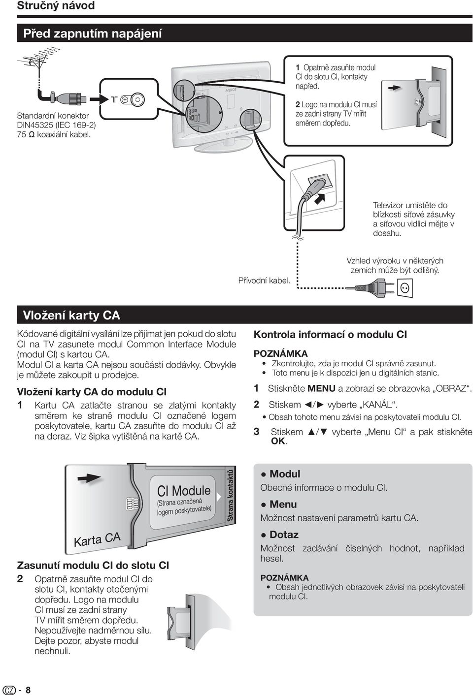 Vzhled výrobku v některých zemích může být odlišný. Vložení karty CA Kódované digitální vysílání lze přijímat jen pokud do slotu CI na TV zasunete modul Common Interface Module (modul CI) s kartou CA.
