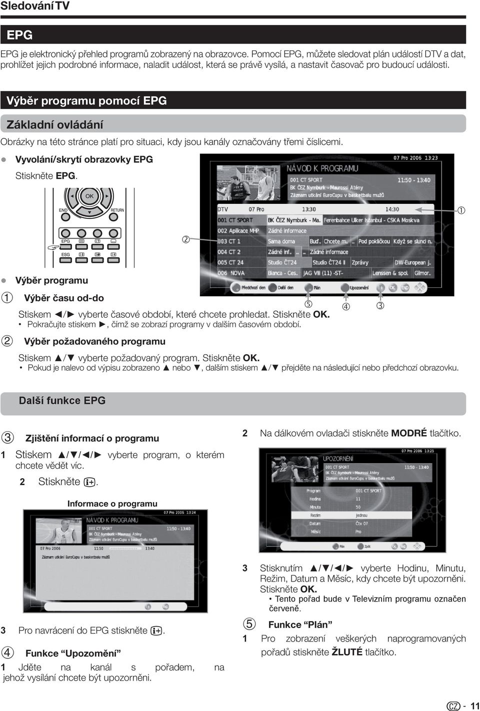 Výběr programu pomocí EPG Základní ovládání Obrázky na této stránce platí pro situaci, kdy jsou kanály označovány třemi číslicemi. Vyvolání/skrytí obrazovky EPG Stiskněte EPG.