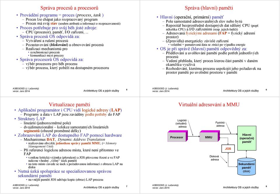 .. Správa procesů OS odpovídá za: Vytváření a rušení procesů Pozastavování (blokování) a obnovování procesů Realizaci mechanismů pro synchronizaci procesů komunikaci mezi procesy Správa procesorů OS