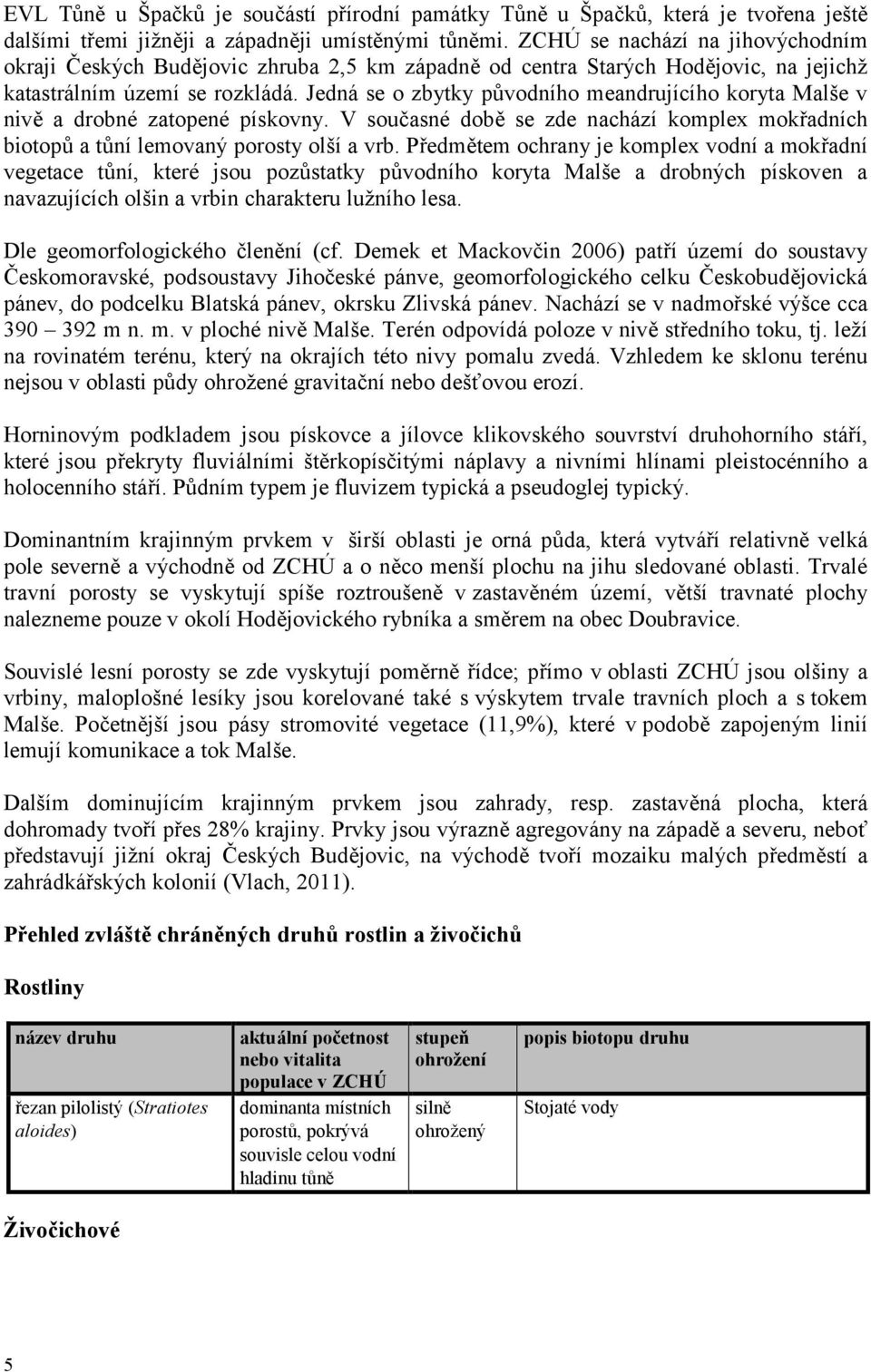 Jedná se o zbytky původního meandrujícího koryta Malše v nivě a drobné zatopené pískovny. V současné době se zde nachází komplex mokřadních biotopů a tůní lemovaný porosty olší a vrb.