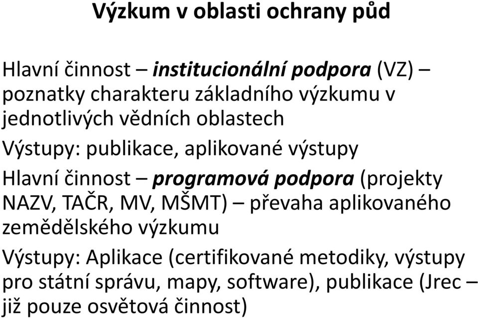 podpora (projekty NAZV, TAČR, MV, MŠMT) převaha aplikovaného zemědělského výzkumu Výstupy: Aplikace