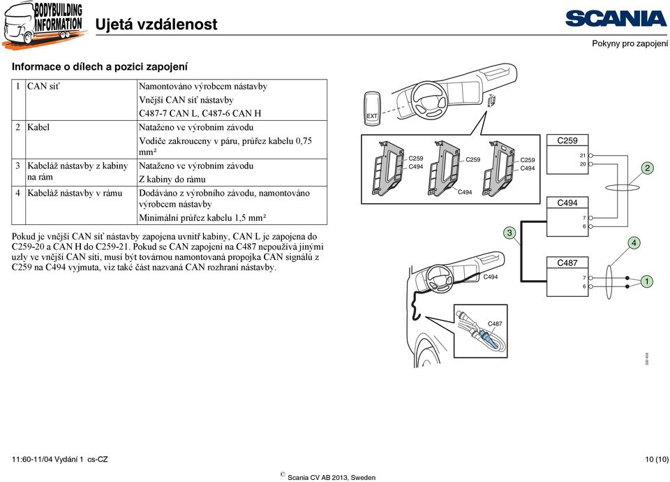 výrobcem nástavby Minimální průřez kabelu,5 mm² 7 Pokud je vnější CAN síť nástavby zapojena uvnitř kabiny, CAN L je zapojena do C59-0 a CAN H do C59-.