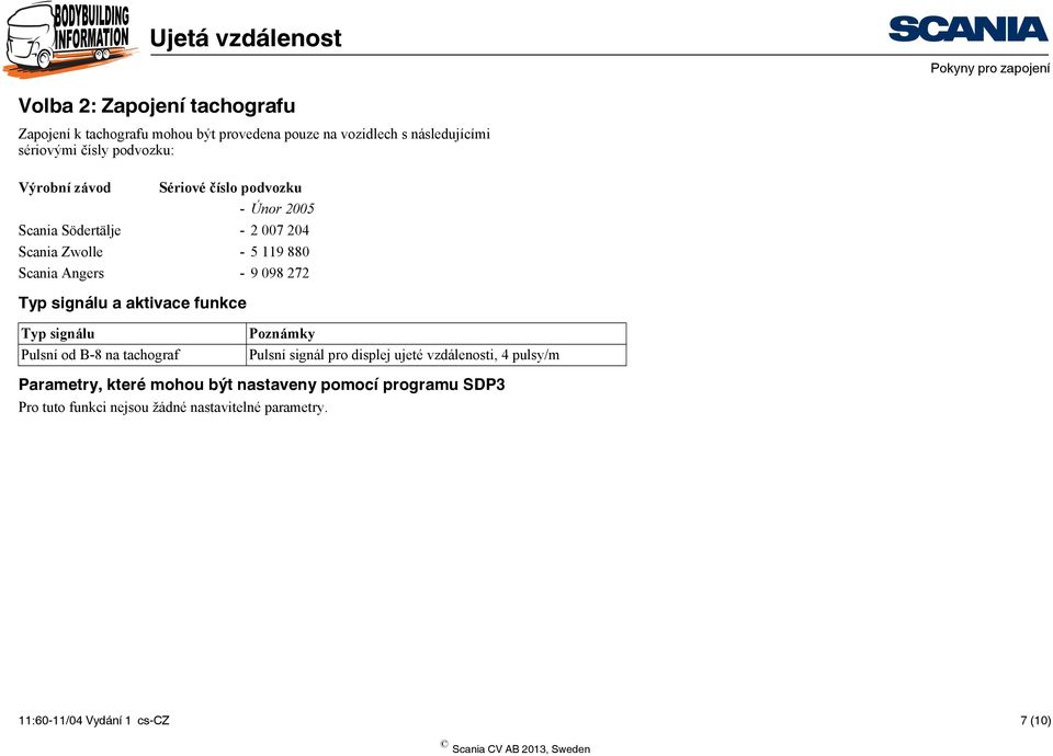 7 Typ signálu a aktivace funkce Typ signálu Pulsní od B-8 na tachograf Poznámky Pulsní signál pro displej ujeté vzdálenosti,