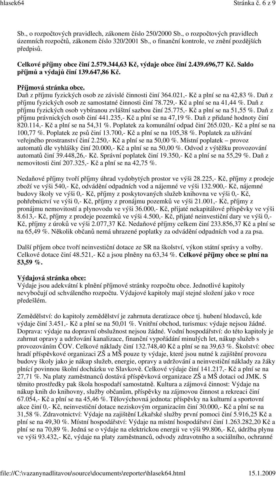 021,- Kč a plní se na 42,83 %. Daň z příjmu fyzických osob ze samostatné činnosti činí 78.729,- Kč a plní se na 41,44 %. Daň z příjmu fyzických osob vybíranou zvláštní sazbou činí 25.