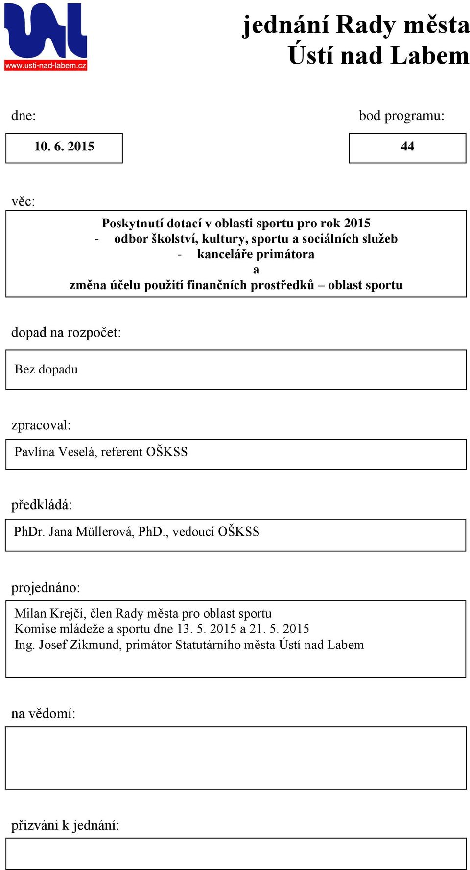 primátora a změna účelu použití finančních prostředků oblast sportu dopad na rozpočet: Bez dopadu zpracoval: Pavlína Veselá, referent OŠKSS