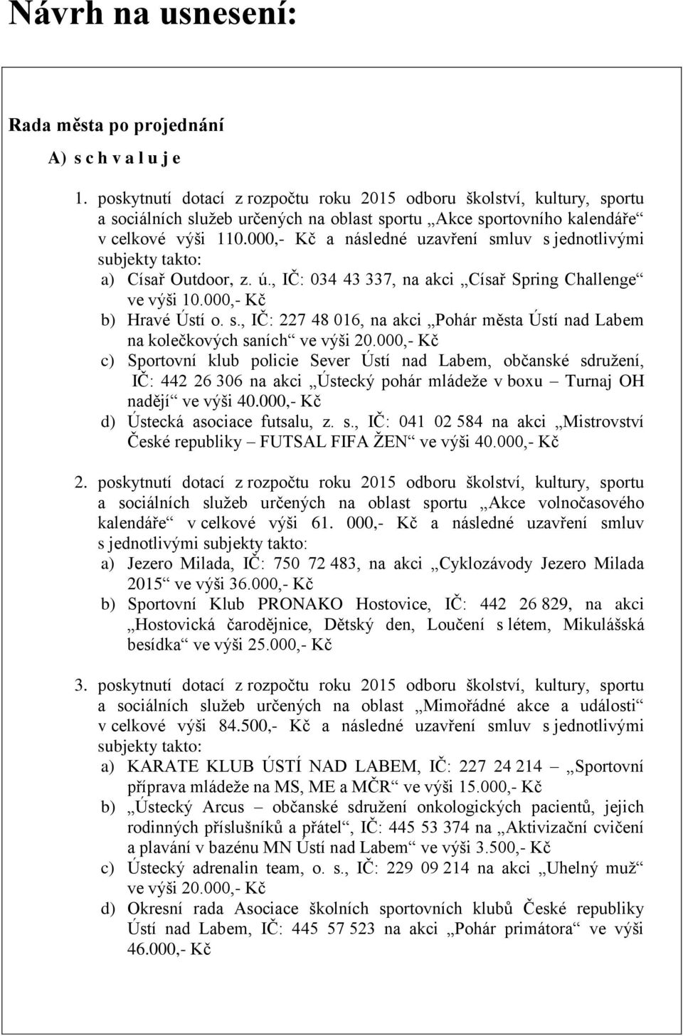 000,- Kč a následné uzavření smluv s jednotlivými subjekty takto: a) Císař Outdoor, z. ú., IČ: 034 43 337, na akci Císař Spring Challenge ve výši 10.000,- Kč b) Hravé Ústí o. s., IČ: 227 48 016, na akci Pohár města Ústí nad Labem na kolečkových saních ve výši 20.