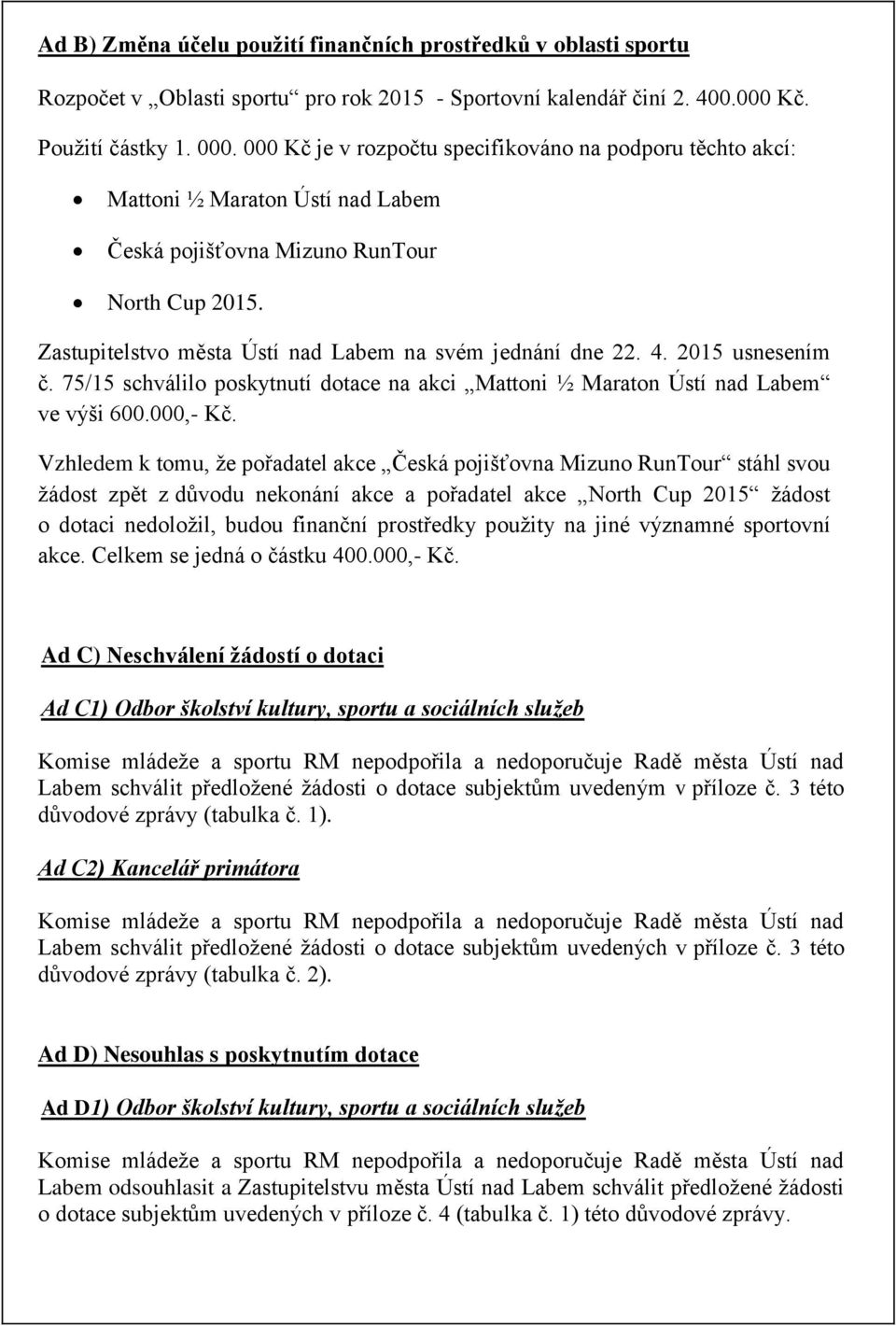 4. 2015 usnesením č. 75/15 schválilo poskytnutí dotace na akci Mattoni ½ Maraton Ústí nad Labem ve výši 600.000,- Kč.
