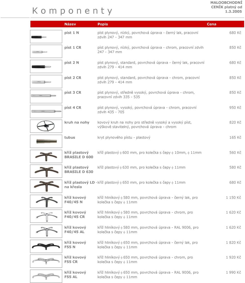 standard, povrchová úprava - černý lak, pracovní zdvih 279-414 mm píst 2 CR píst plynový, standard, povrchová úprava - chrom, pracovní zdvih 279-414 mm píst 3 CR píst plynový, středně vysoký,