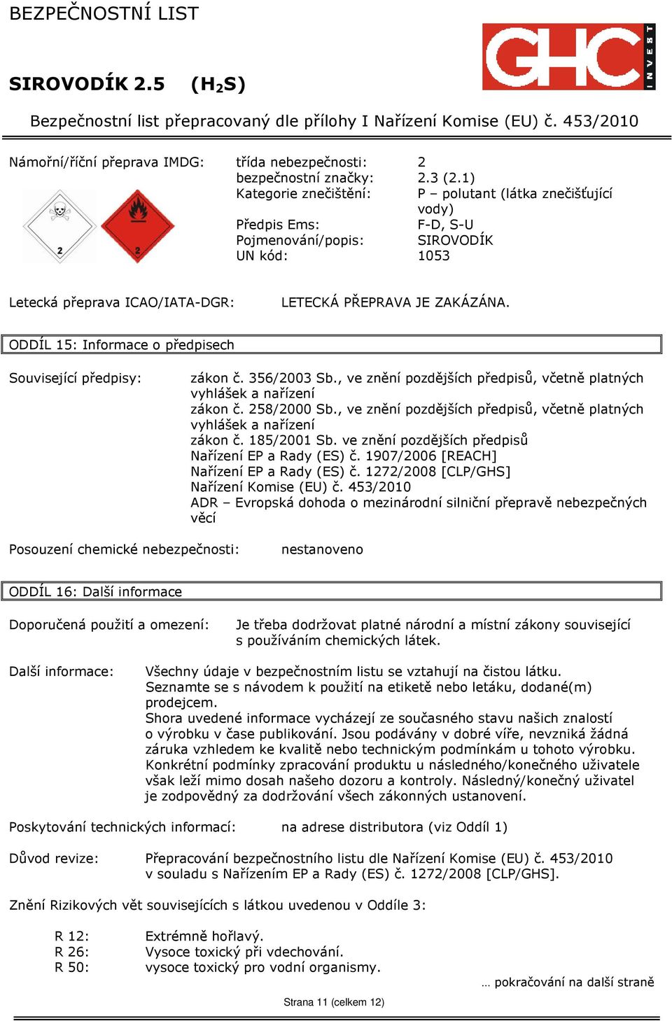 ODDÍL 15: Informace o předpisech Související předpisy: zákon č. 356/2003 Sb., ve znění pozdějších předpisů, včetně platných vyhlášek a nařízení zákon č. 258/2000 Sb.