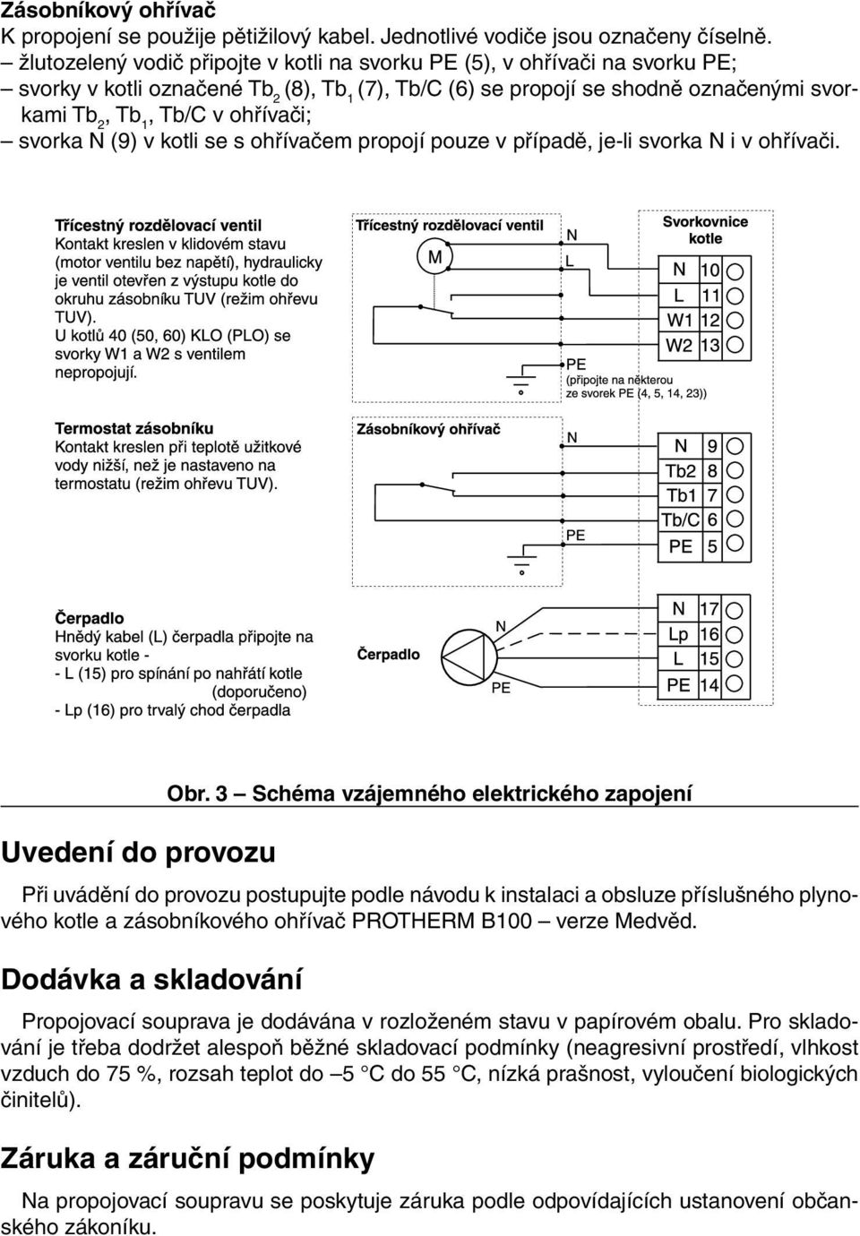 ohřívači; svorka N (9) v kotli se s ohřívačem propojí pouze v případě, je-li svorka N i v ohřívači. Uvedení do provozu Obr.