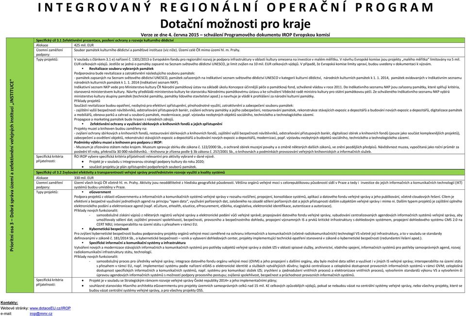 Typy projektů: V souladu s článkem 3.1 e) nařízení č. 1301/2013 o Evropském fondu pro regionální rozvoj je podpora infrastruktury v oblasti kultury omezena na investice v malém měřítku.