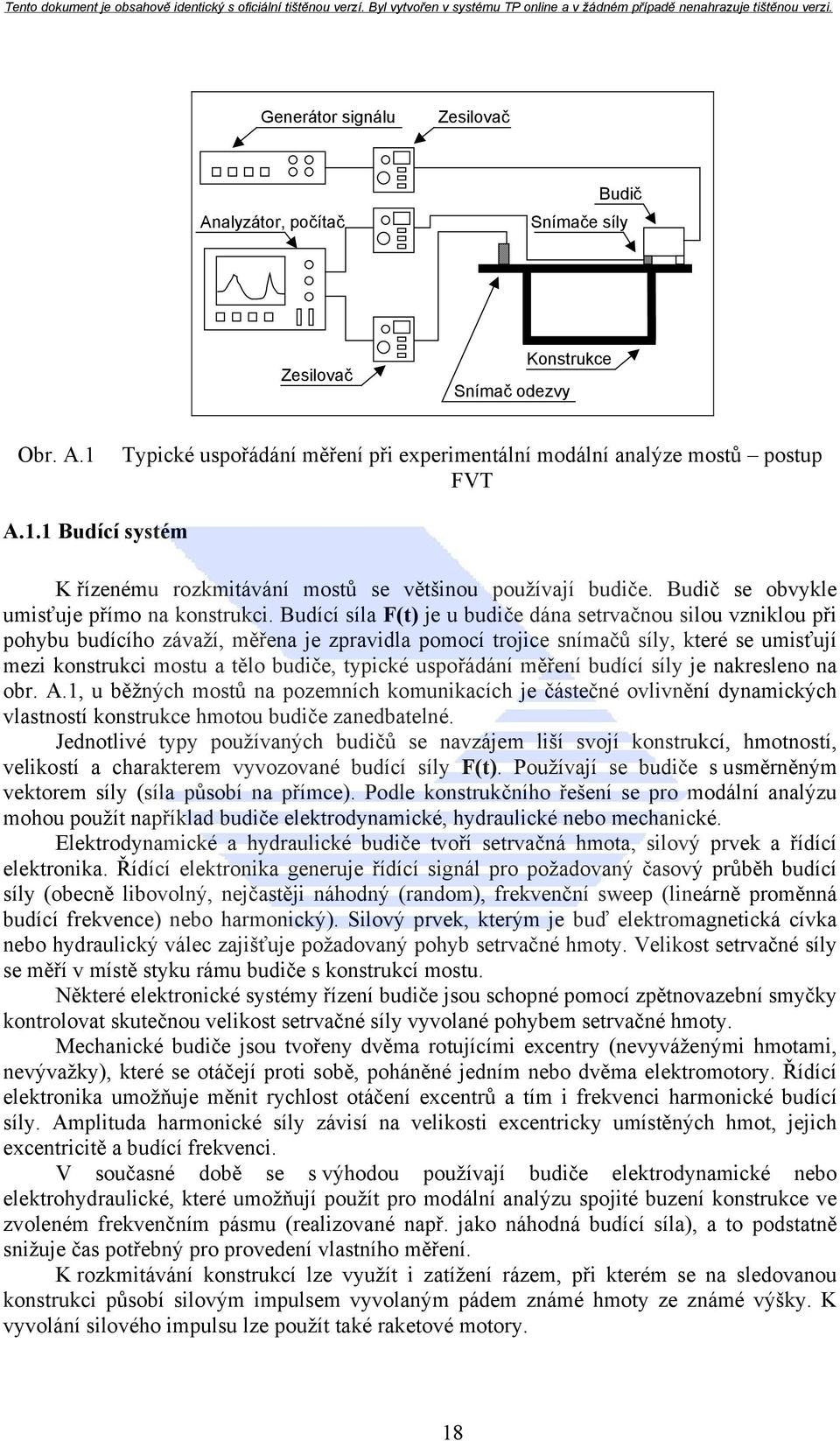 Budící síla F(t) je u budiče dána setrvačnou silou vzniklou při pohybu budícího závaží, měřena je zpravidla pomocí trojice snímačů síly, které se umisťují mezi konstrukci mostu a tělo budiče, typické