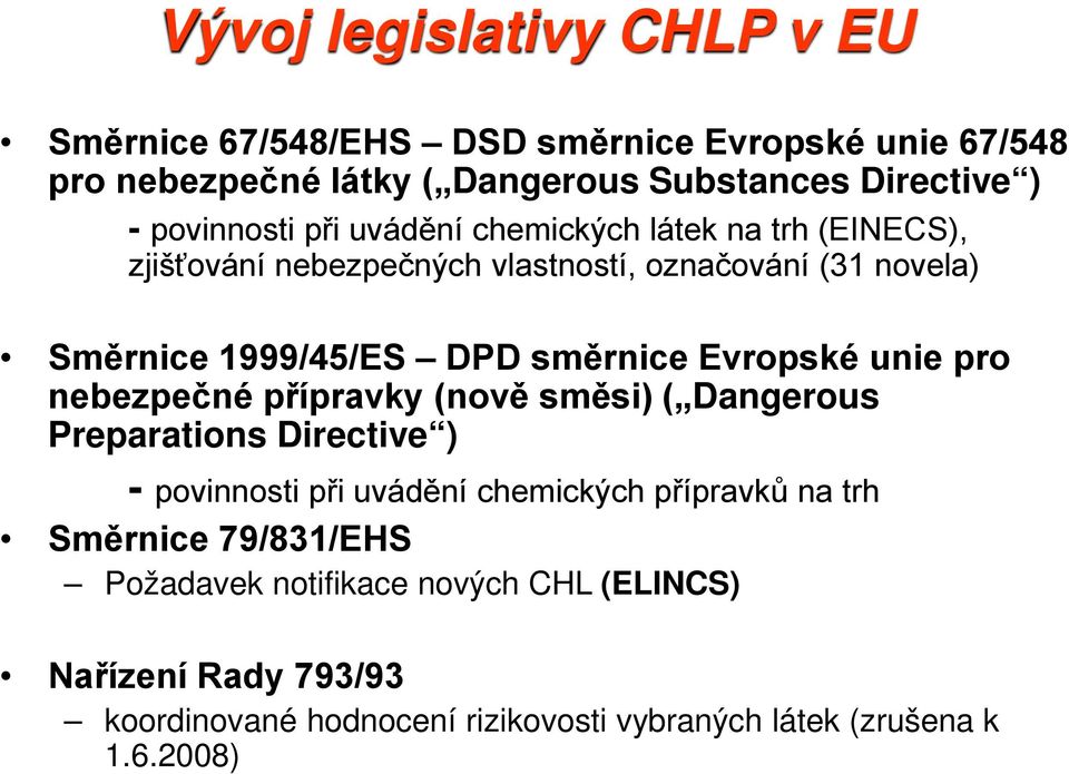 směrnice Evropské unie pro nebezpečné přípravky (nově směsi) ( Dangerous Preparations Directive ) - povinnosti při uvádění chemických přípravků