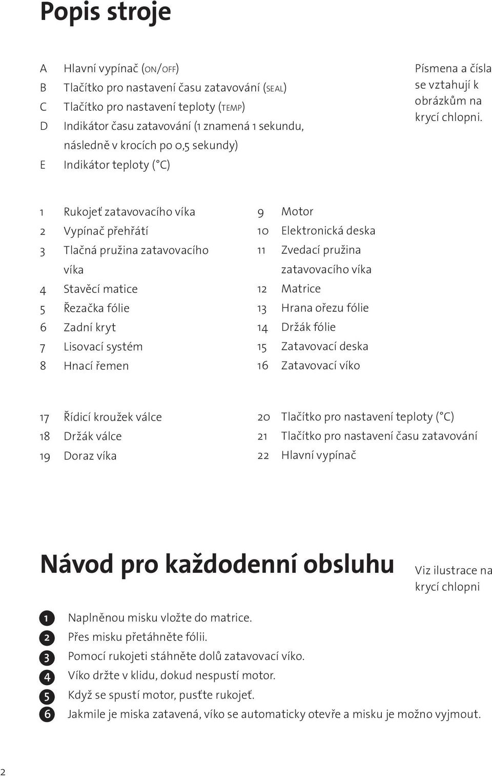 1 Rukojeť zatavovacího víka 2 Vypínač přehřátí 3 Tlačná pružina zatavovacího víka 4 Stavěcí matice 5 Řezačka fólie 6 Zadní kryt 7 Lisovací systém 8 Hnací řemen 9 Motor 10 Elektronická deska 11