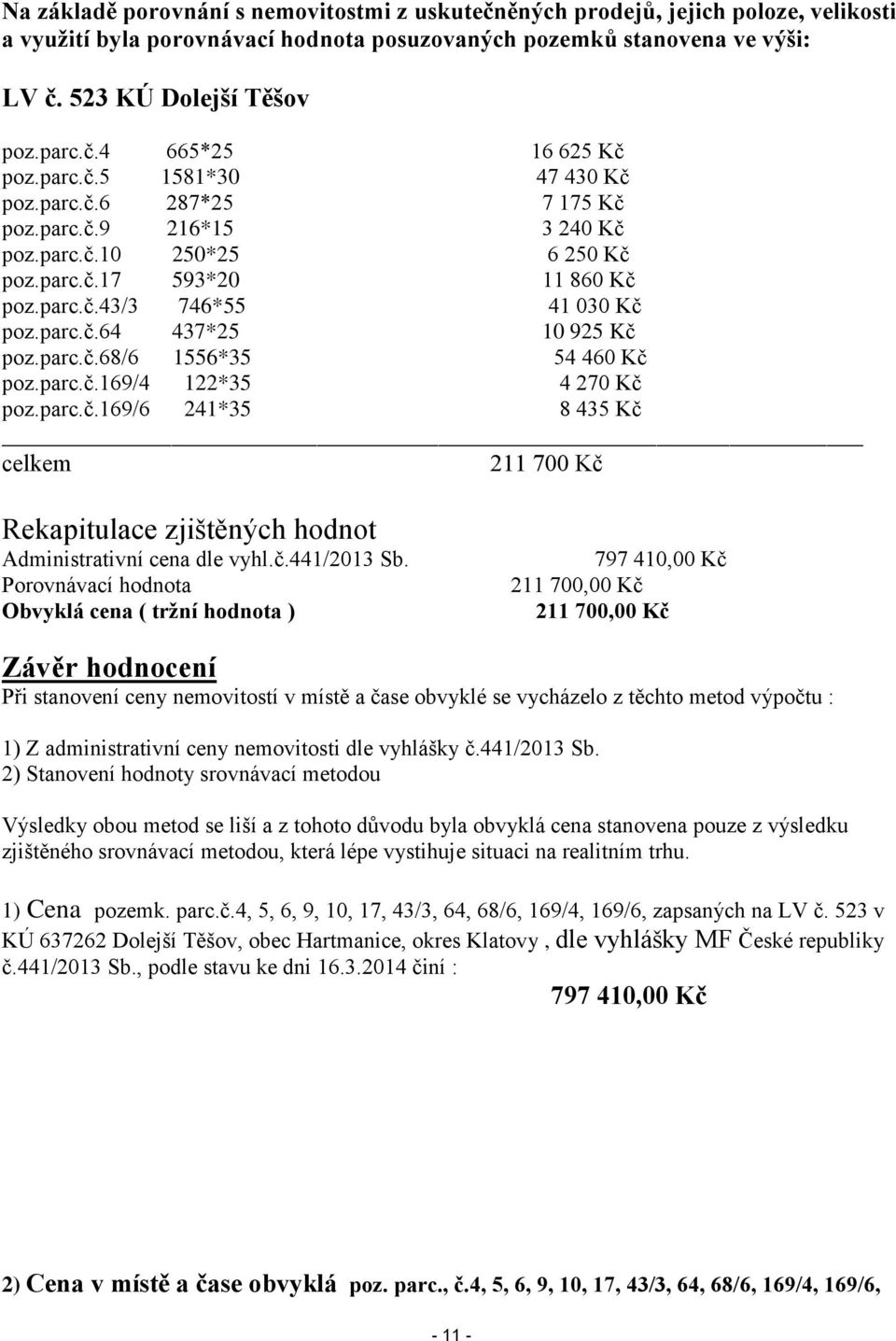 parc.č.68/6 1556*35 54 460 Kč poz.parc.č.169/4 122*35 4 270 Kč poz.parc.č.169/6 241*35 8 435 Kč celkem 211 700 Kč Rekapitulace zjištěných hodnot Administrativní cena dle vyhl.č.441/2013 Sb.