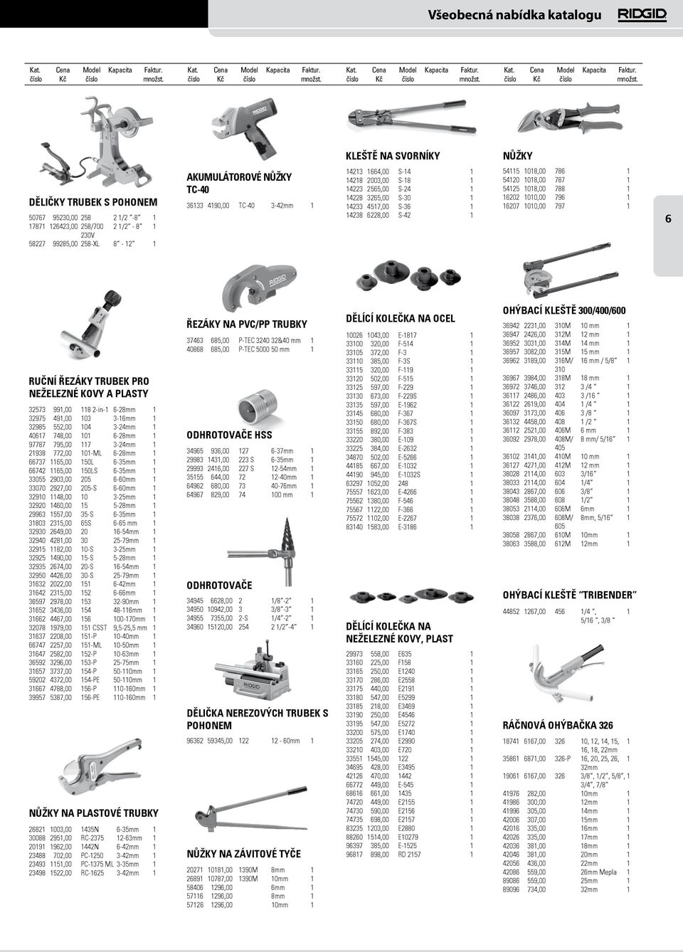 1010,00 796 1 16207 1010,00 797 1 6 RUČNÍ ŘEZÁKY TRUBEK PRO neželezné kovy A PLASTY 32573 991,00 118 2-in-1 6-28mm 1 32975 491,00 103 3-16mm 1 32985 552,00 104 3-24mm 1 40617 748,00 101 6-28mm 1