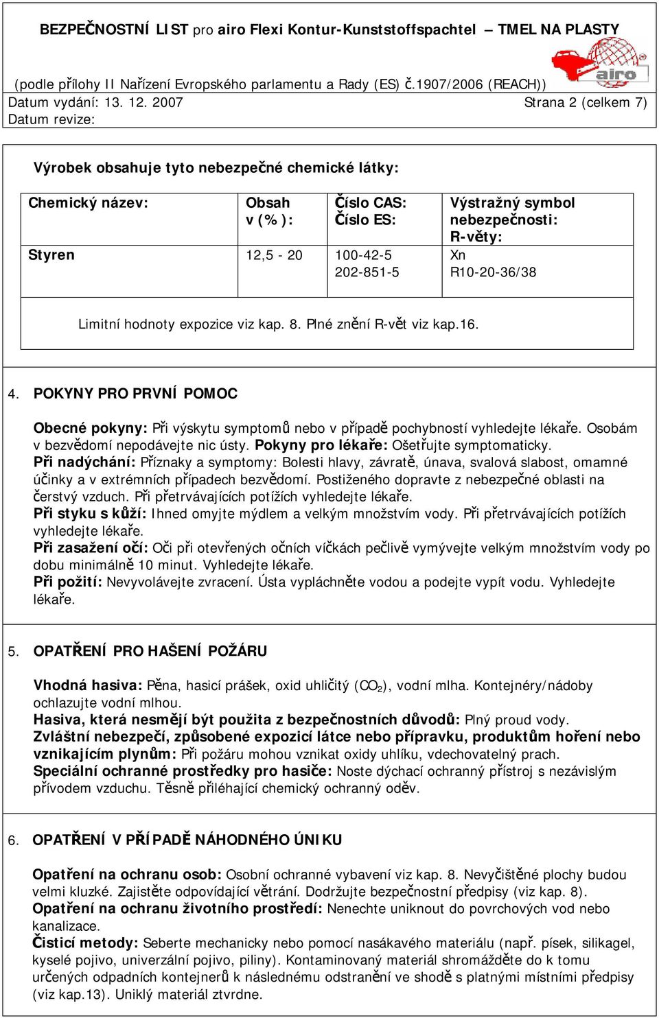 Xn R10-20-36/38 Limitní hodnoty expozice viz kap. 8. Plné znění R-vět viz kap.16. 4. POKYNY PRO PRVNÍ POMOC Obecné pokyny: Při výskytu symptomů nebo v případě pochybností vyhledejte lékaře.