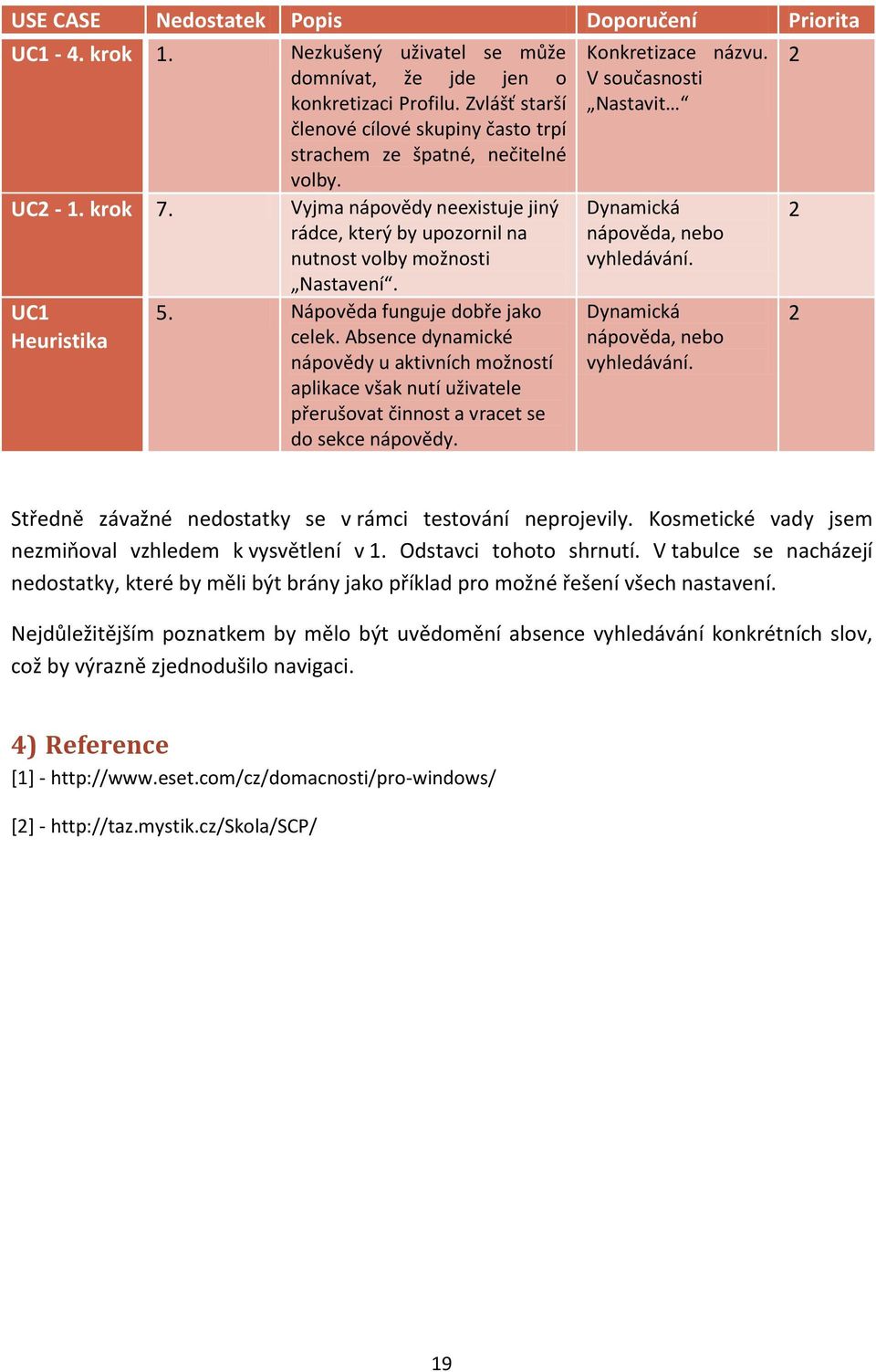 UC1 Heuristika 5. Nápověda funguje dobře jako celek. Absence dynamické nápovědy u aktivních možností aplikace však nutí uživatele přerušovat činnost a vracet se do sekce nápovědy. Konkretizace názvu.