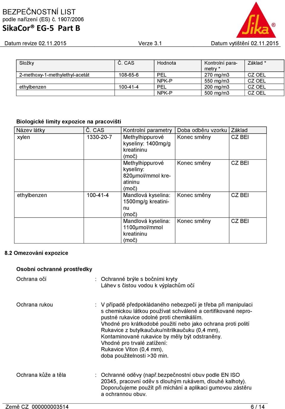 Biologické limity expozice na pracovišti Název látky Č.