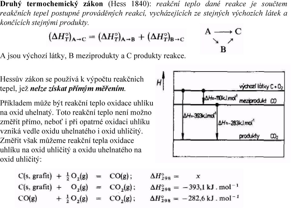 Hessův zákon se používá k výpočtu reakčnich tepel, jež nelze získat přímým měřením. Příkladem může být reakční teplo oxidace uhlíku na oxid uhelnatý.