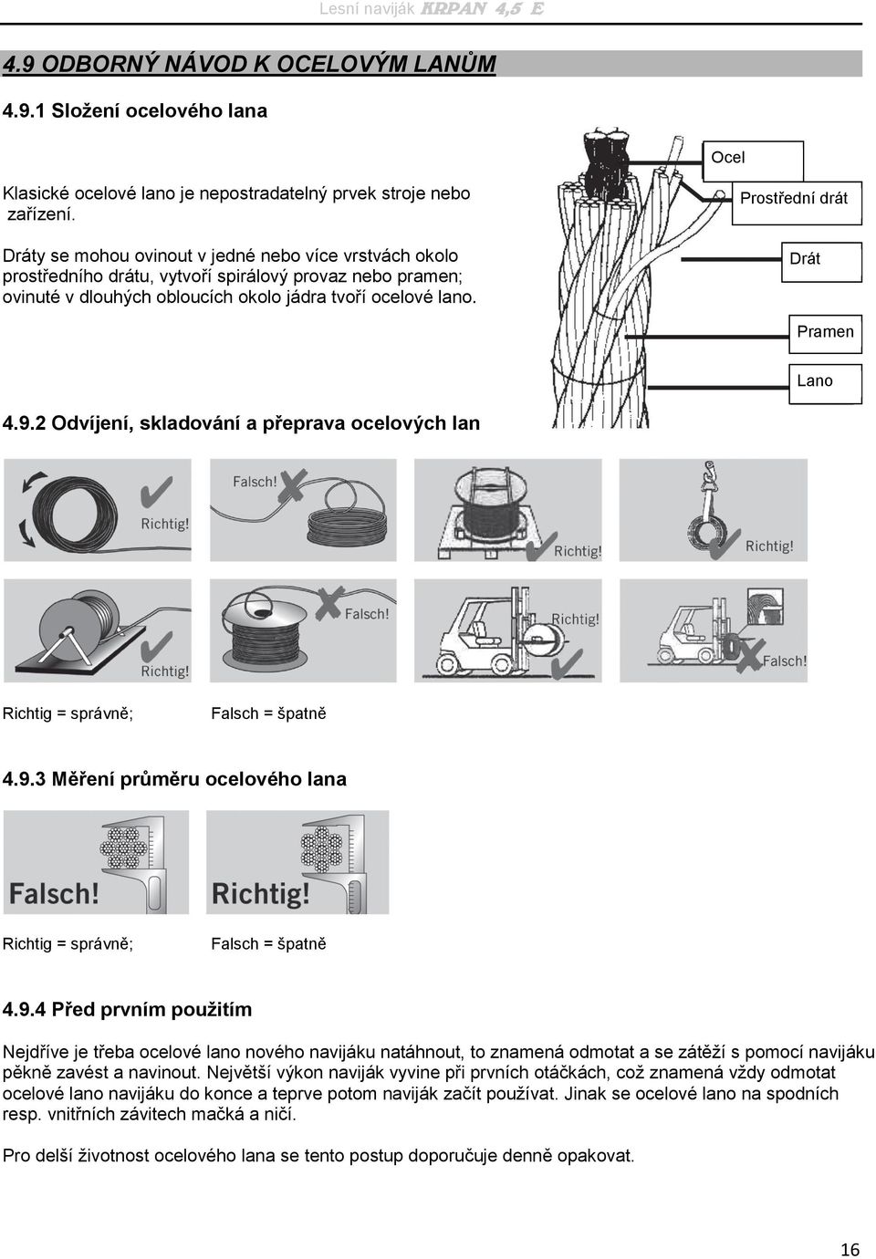 Prostřední drát Drát Pramen Lano 4.9.2 Odvíjení, skladování a přeprava ocelových lan Richtig = správně; Falsch = špatně 4.9.3 Měření průměru ocelového lana Richtig = správně; Falsch = špatně 4.9.4 Před prvním použitím Nejdříve je třeba ocelové lano nového navijáku natáhnout, to znamená odmotat a se zátěží s pomocí navijáku pěkně zavést a navinout.