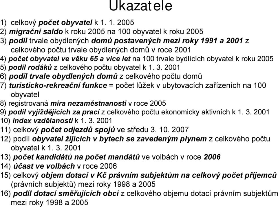 1. 2005 2) migrační saldo k roku 2005 na 100 obyvatel k roku 2005 3) podíl trvale obydlených domů postavených mezi roky 1991 a 2001 z celkového počtu trvale obydlených domů v roce 2001 4) počet