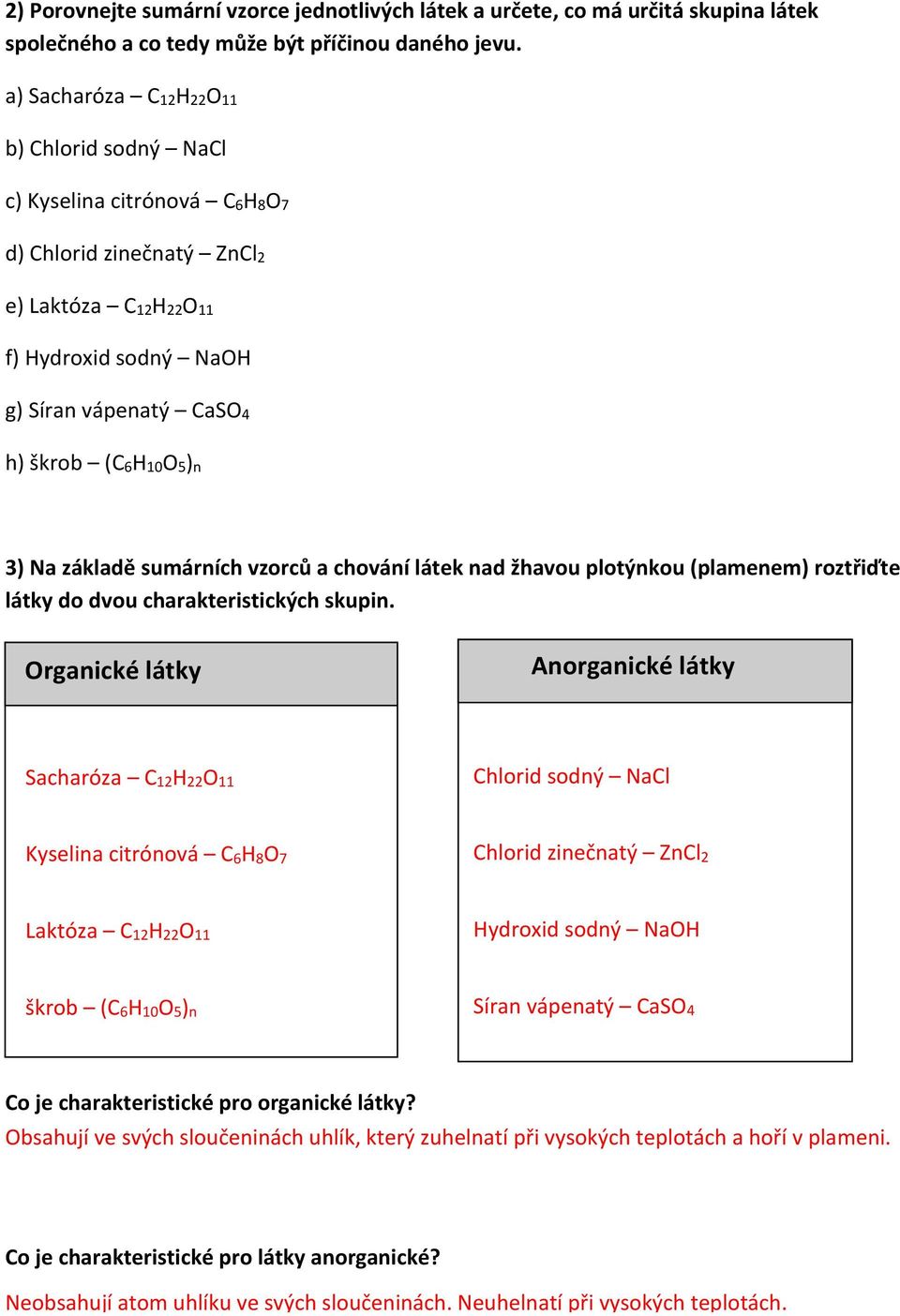 H 10 O 5 ) n 3) Na základě sumárních vzorců a chování látek nad žhavou plotýnkou (plamenem) roztřiďte látky do dvou charakteristických skupin.