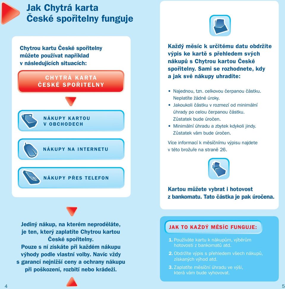 Neplatíte žádné úroky. Jakoukoli částku v rozmezí od minimální úhrady po celou čerpanou částku. Zůstatek bude úročen. Minimální úhradu a zbytek kdykoli jindy. Zůstatek vám bude úročen.