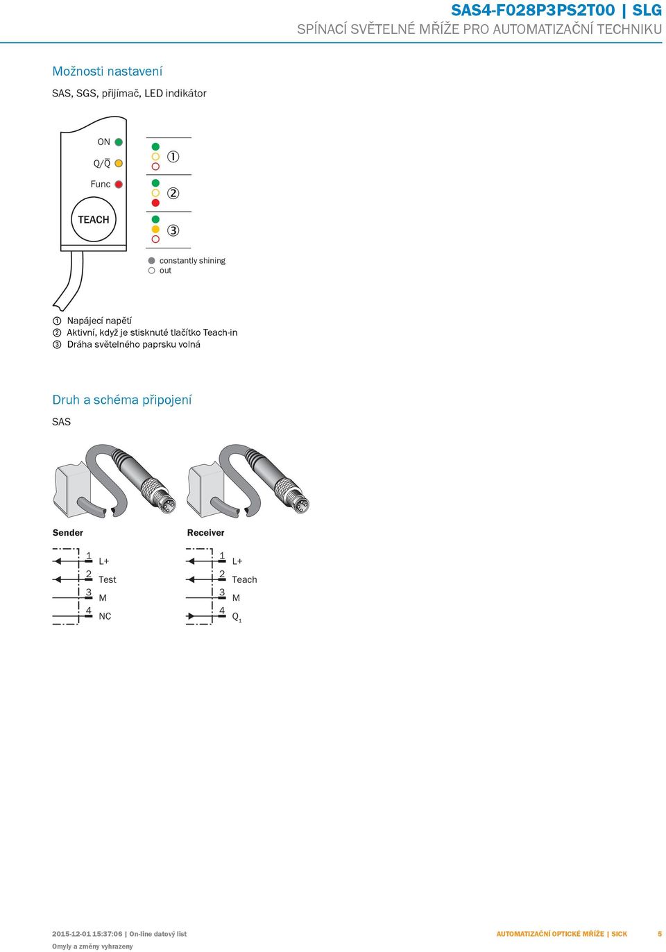 Dráha světelného paprsku volná Druh a schéma připojení SAS Sender Receiver L+ Test 4 NC