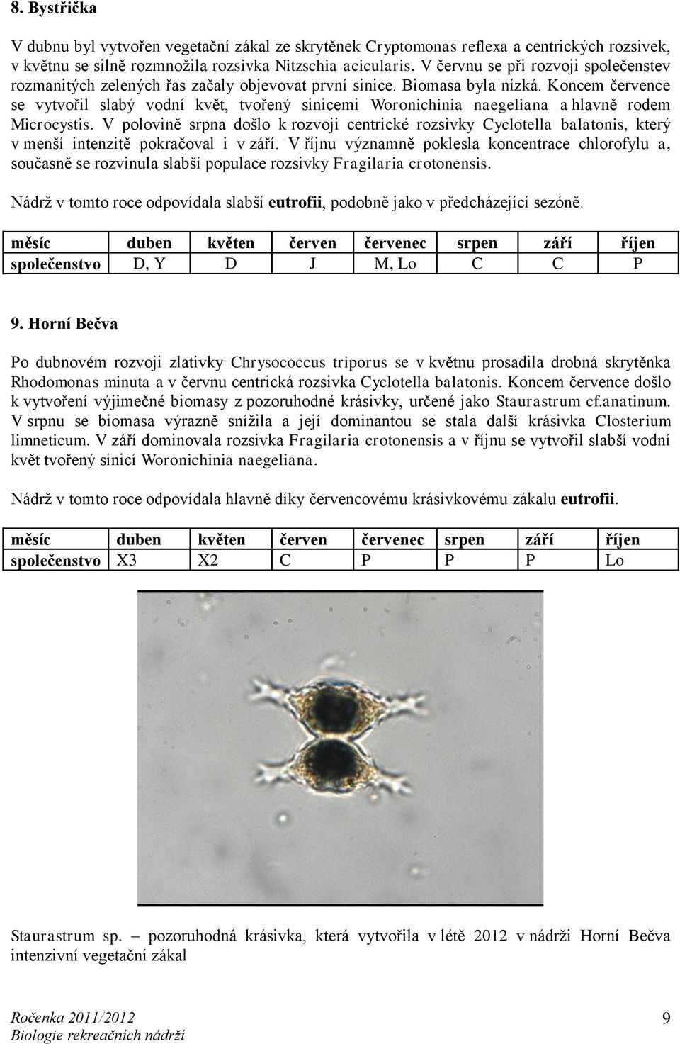 Koncem července se vytvořil slabý vodní květ, tvořený sinicemi Woronichinia naegeliana a hlavně rodem Microcystis.