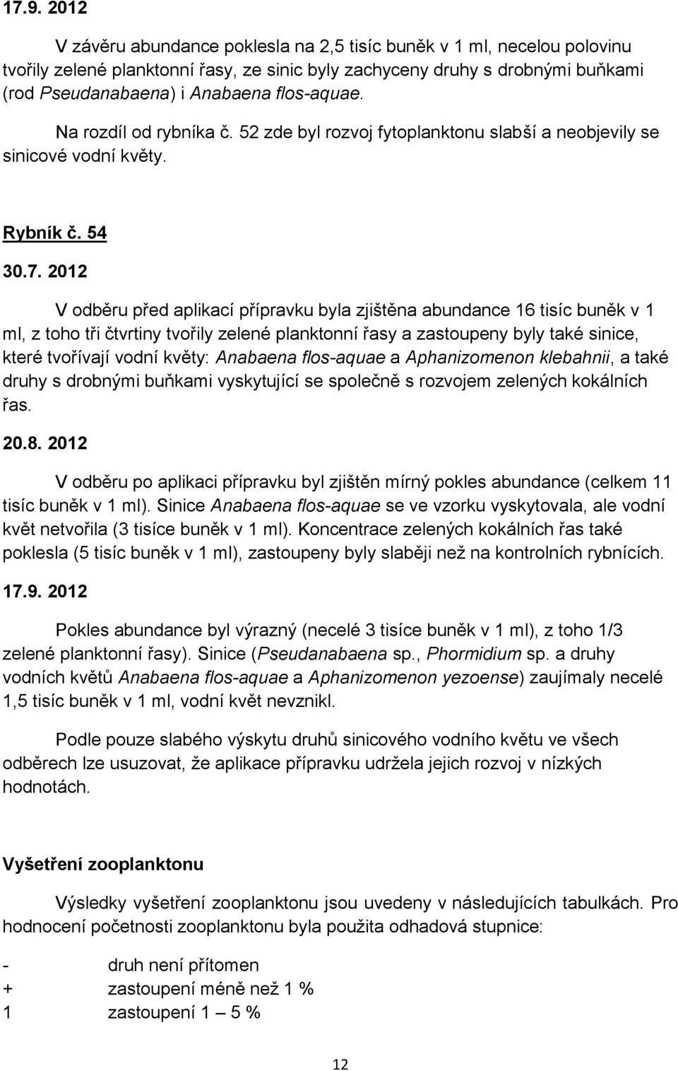 2012 V odběru před aplikací přípravku byla zjištěna abundance 16 tisíc buněk v 1 ml, z toho tři čtvrtiny tvořily zelené planktonní řasy a zastoupeny byly také sinice, které tvořívají vodní květy: