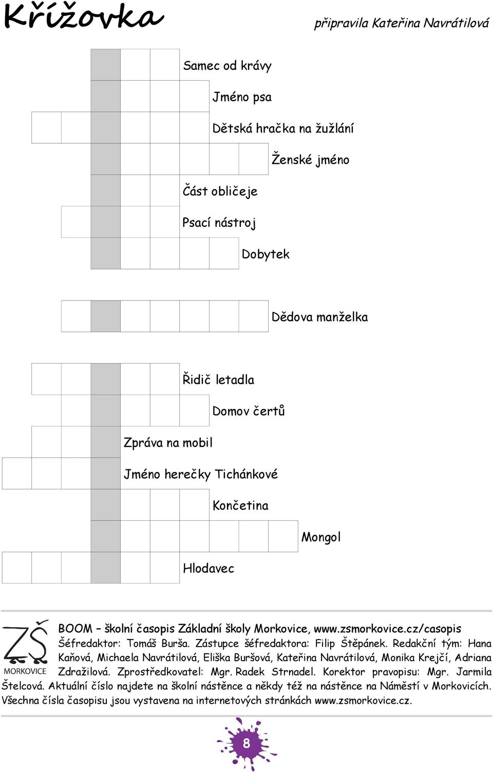 Zástupce šéfredaktora: Filip Štěpánek. Redakční tým: Hana Kaňová, Michaela Navrátilová, Eliška Buršová, Kateřina Navrátilová, Monika Krejčí, Adriana Zdražilová. Zprostředkovatel: Mgr.