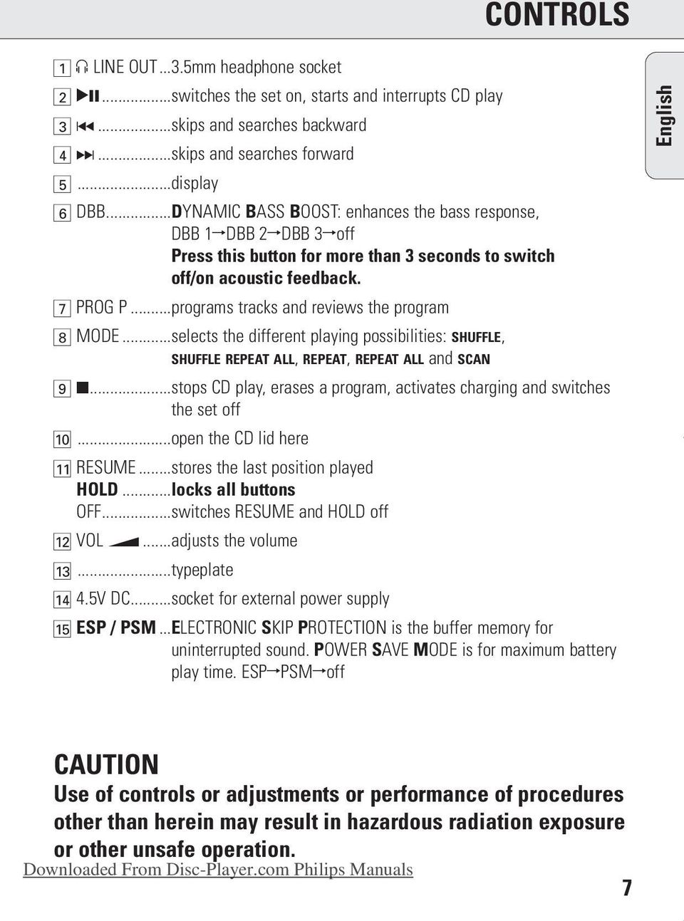 ..programs tracks and reviews the program 8 MODE...selects the different playing possibilities: SHUFFLE, SHUFFLE REPEAT ALL, REPEAT, REPEAT ALL and SCAN 9 9.