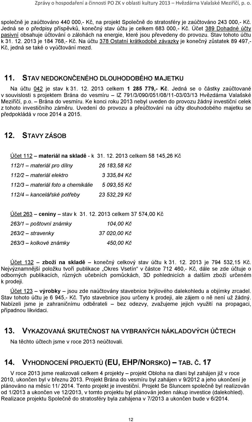 Na účtu 378 Ostatní krátkodobé závazky je konečný zůstatek 89 497,- Kč, jedná se také o vyúčtování mezd. 11. STAV NEDOKONČENÉHO DLOUHODOBÉHO MAJETKU Na účtu 042 je stav k 31. 12.