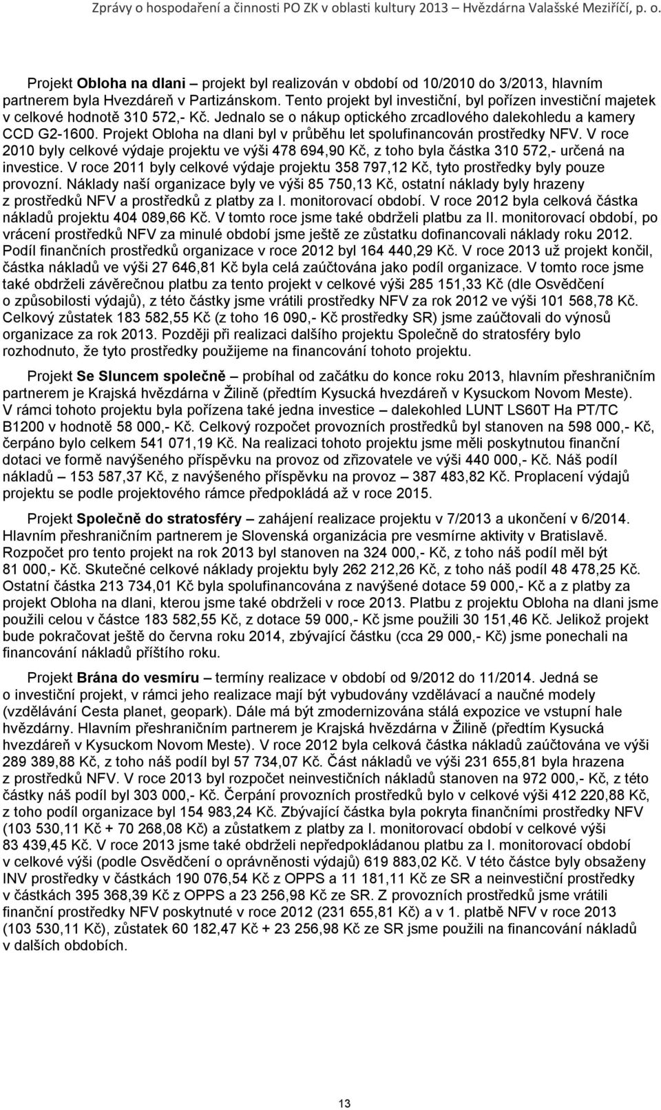 Projekt Obloha na dlani byl v průběhu let spolufinancován prostředky NFV. V roce 2010 byly celkové výdaje projektu ve výši 478 694,90 Kč, z toho byla částka 310 572,- určená na investice.