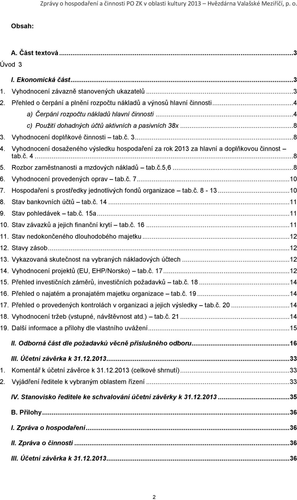 Vyhodnocení dosaţeného výsledku hospodaření za rok 2013 za hlavní a doplňkovou činnost tab.č. 4...8 5. Rozbor zaměstnanosti a mzdových nákladů tab.č.5,6...8 6. Vyhodnocení provedených oprav tab.č. 7.