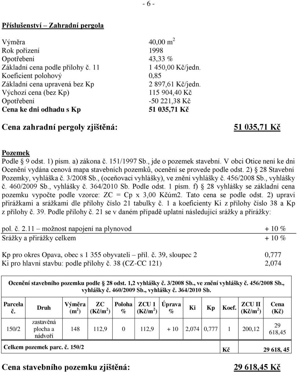 Výchozí cena (bez Kp) 115 904,40 Kč Opotřebení -50 221,38 Kč Cena ke dni odhadu s Kp 51 035,71 Kč Cena zahradní pergoly zjištěná: 51 035,71 Kč Pozemek Podle 9 odst. 1) písm. a) zákona č. 151/1997 Sb.