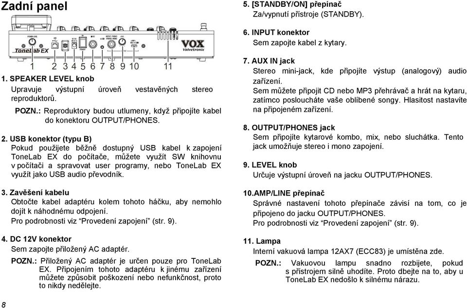 USB konektor (typu B) Pokud použijete běžně dostupný USB kabel k zapojení ToneLab EX do počítače, můžete využít SW knihovnu v počítači a spravovat user programy, nebo ToneLab EX využít jako USB audio