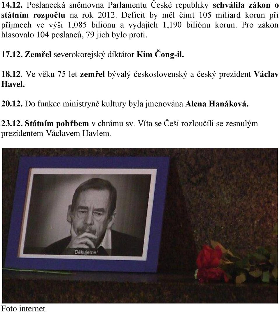 Pro zákon hlasovalo 104 poslanců, 79 jich bylo proti. 17.12. Zemřel severokorejský diktátor Kim Čong-il. 18.12. Ve věku 75 let zemřel bývalý československý a český prezident Václav Havel.