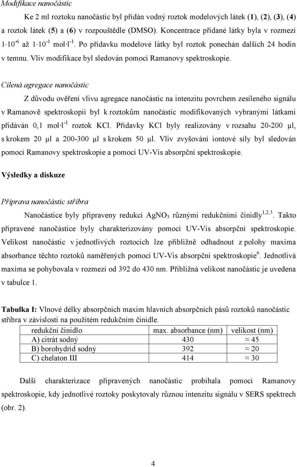 Cílená agregace nanočástic Z důvodu ověření vlivu agregace nanočástic na intenzitu povrchem zesíleného signálu v Ramanově spektroskopii byl k roztokům nanočástic modifikovaných vybranými látkami