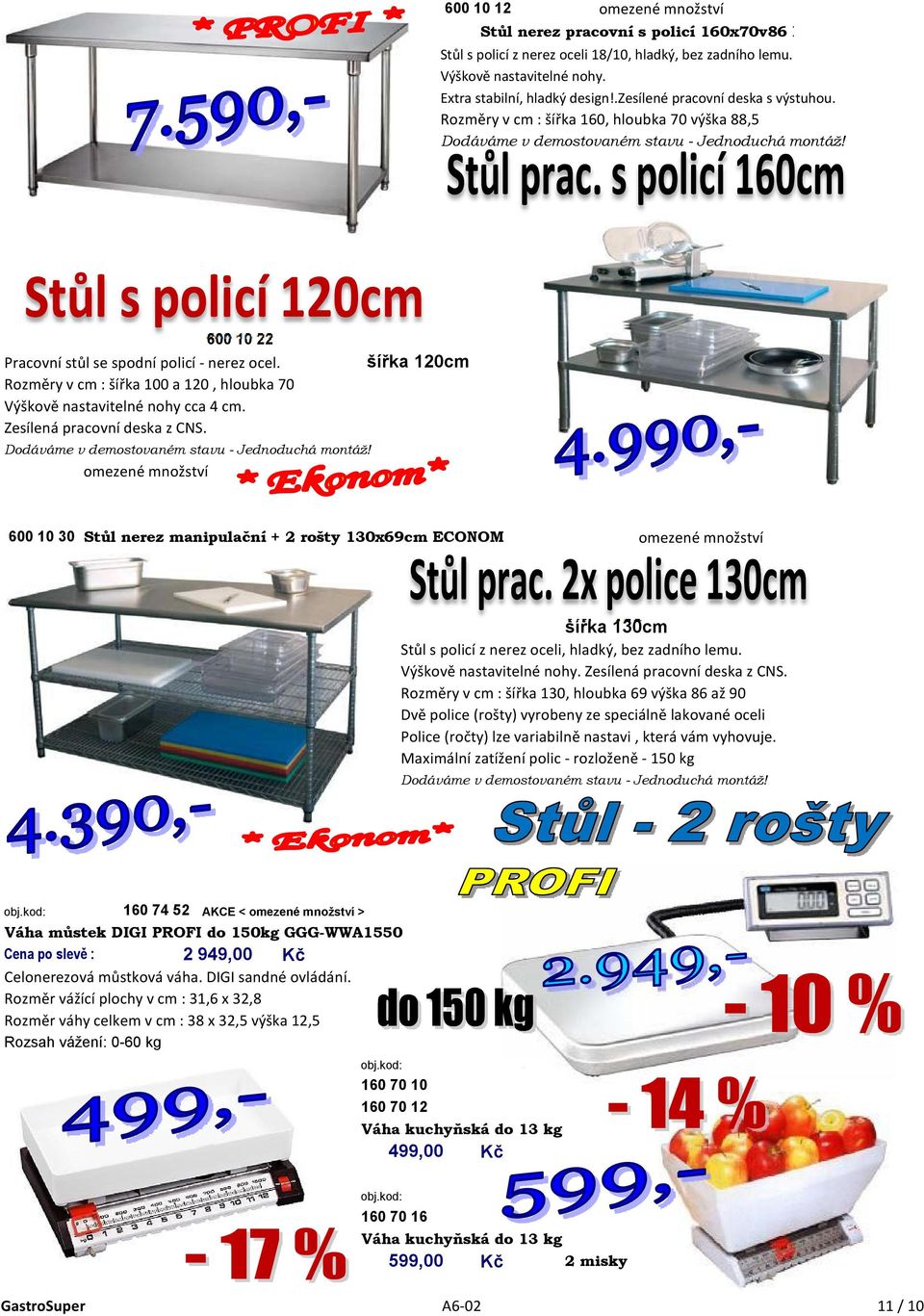 Rozměry v cm : šířka 100 a 120, hloubka 70 Výškově nastavitelné nohy cca 4 cm. Zesílená pracovní deska z CNS. Dodáváme v demostovaném stavu - Jednoduchá montáž!