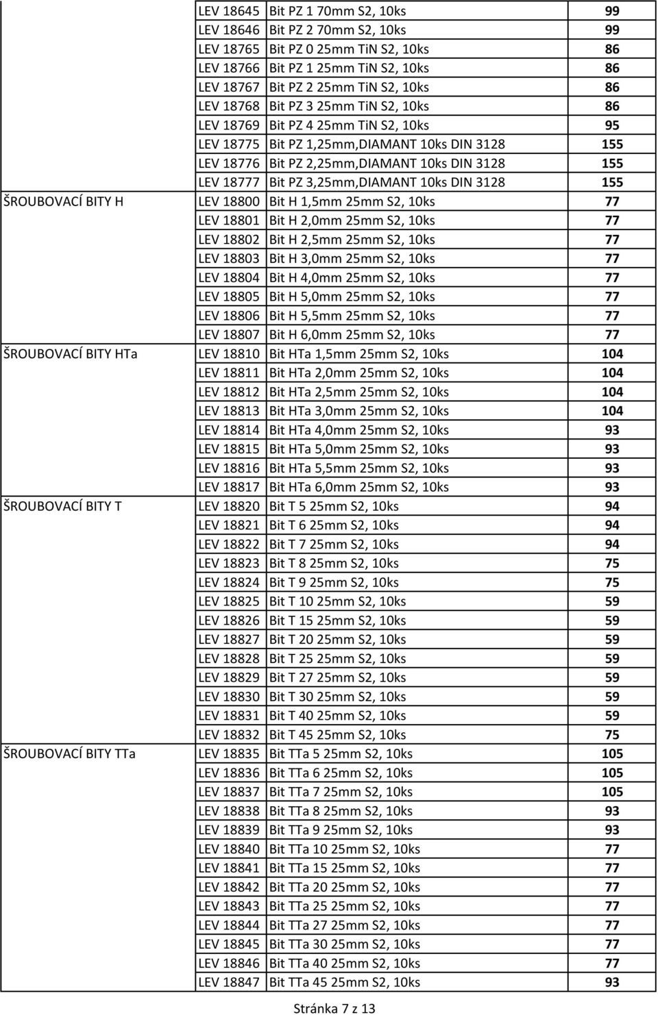 3,25mm,DIAMANT 10ks DIN 3128 155 ŠROUBOVACÍ BITY H LEV 18800 Bit H 1,5mm 25mm S2, 10ks 77 LEV 18801 Bit H 2,0mm 25mm S2, 10ks 77 LEV 18802 Bit H 2,5mm 25mm S2, 10ks 77 LEV 18803 Bit H 3,0mm 25mm S2,