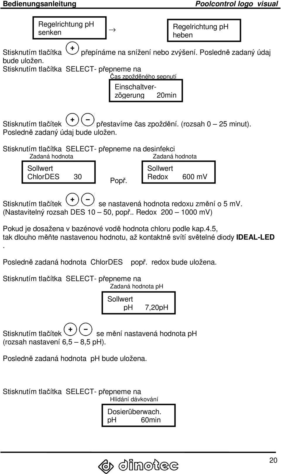 Stisknutím tlačítka SELECT- přepneme na desinfekci Zadaná hodnota Zadaná hodnota Sollwert ChlorDES 30 Popř. Sollwert Redox 600 mv Stisknutím tlačítek se nastavená hodnota redoxu změní o 5 mv.