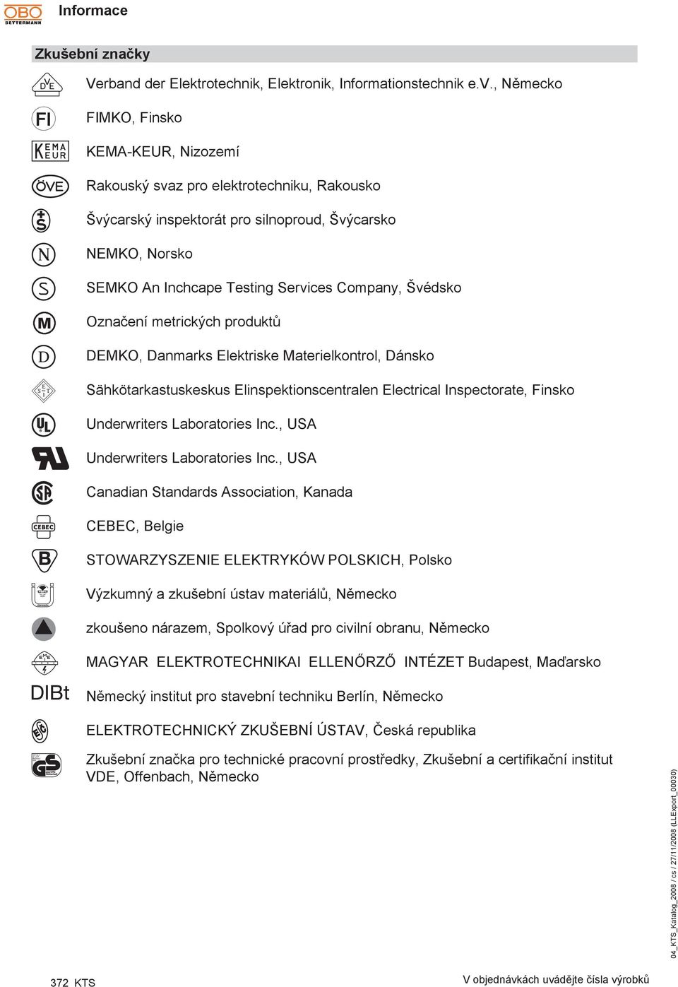 Označení metrických produktů DEMO, Danmarks Elektriske Materielkontrol, Dánsko Sähkötarkastuskeskus Elinspektionscentralen Electrical Inspectorate, Finsko Underwriters Laboratories Inc.