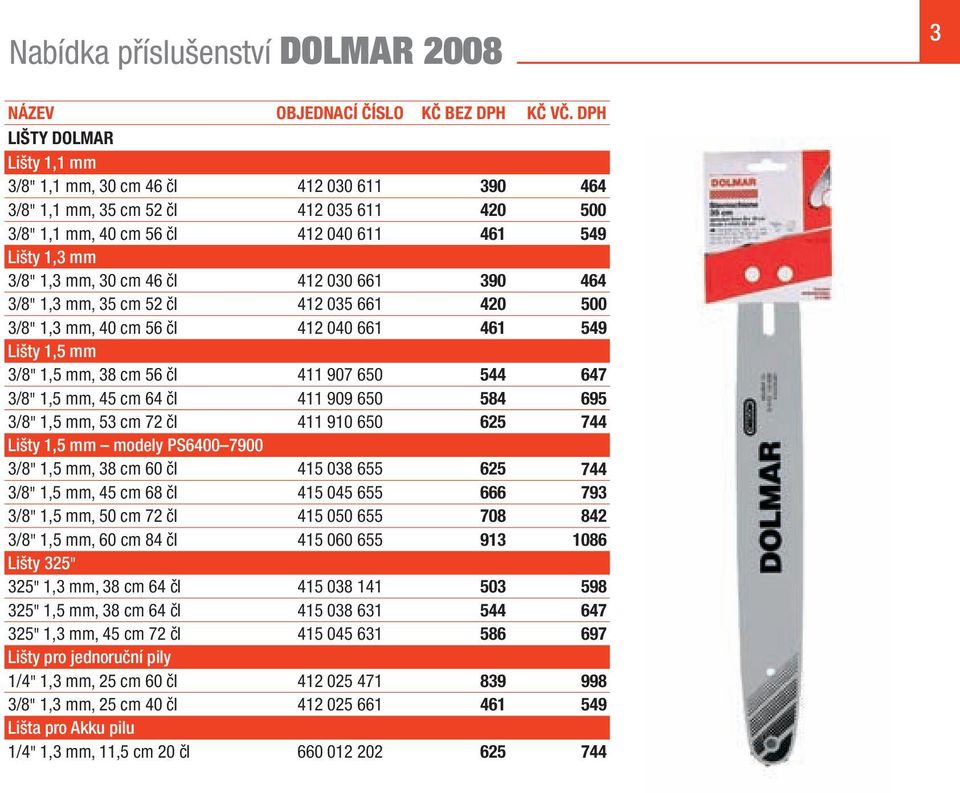 čl 412 030 661 390 464 3/8" 1,3 mm, 35 cm 52 čl 412 035 661 420 500 3/8" 1,3 mm, 40 cm 56 čl 412 040 661 461 549 Lišty 1,5 mm 3/8" 1,5 mm, 38 cm 56 čl 411 907 650 544 647 3/8" 1,5 mm, 45 cm 64 čl 411