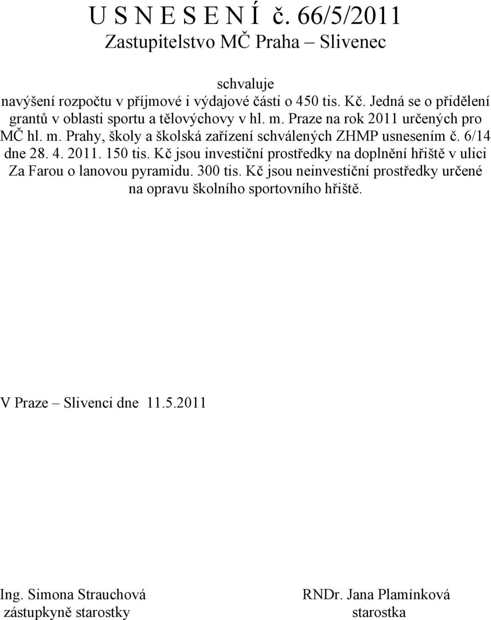 Praze na rok 2011 určených pro MČ hl. m. Prahy, školy a školská zařízení schválených ZHMP usnesením č. 6/14 dne 28.